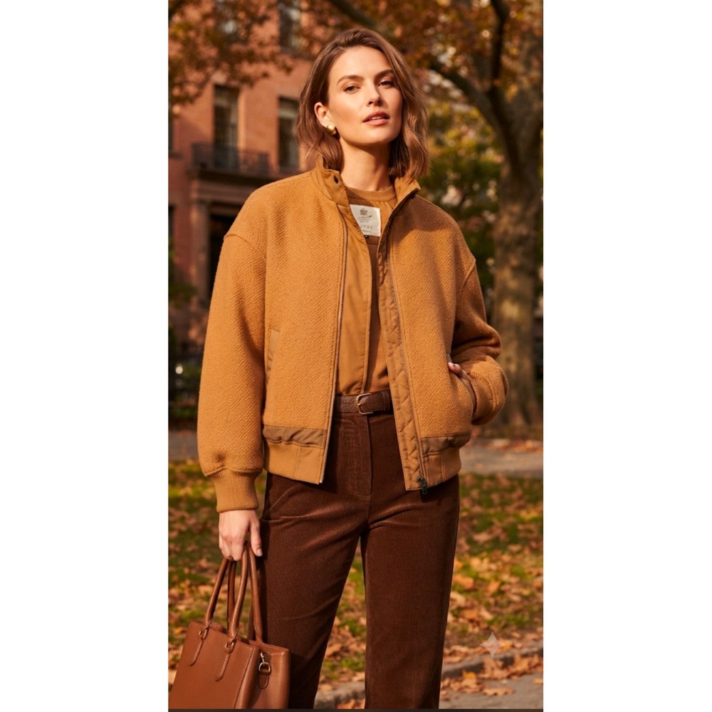 Now Now The MSLAN Women Brown Textured Bomber Jacket Mock Neck Size L